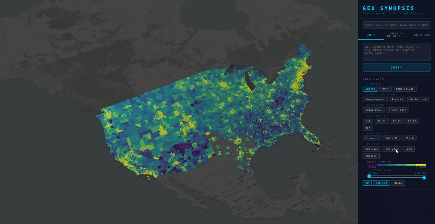 GeoSynopsis perspective map displaying tract-level income patterns