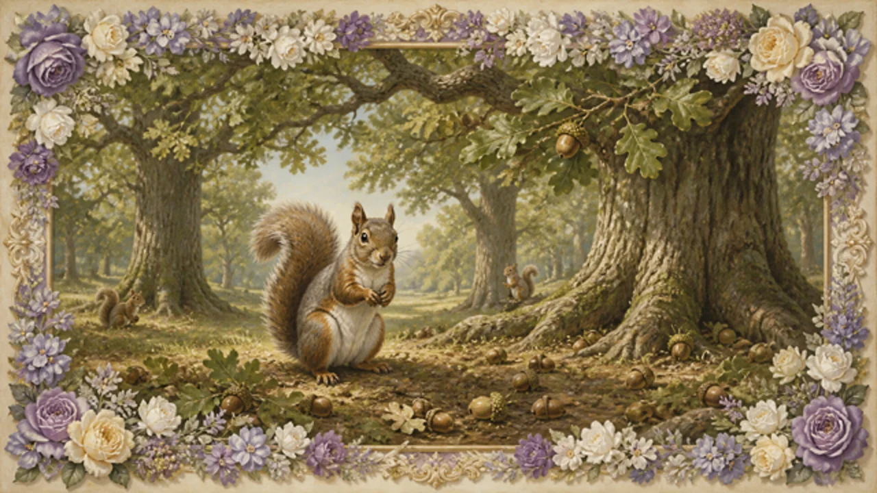 A finished woodland scene with a squirrel, oak trees, acorns, and a floral frame